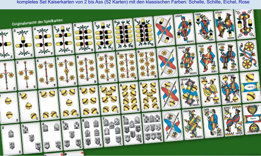 kompletes Set Kaiserkarten von 2 bis Ass (52 Karten) mit den klassischen Farben: Schelle, Schilte, Eichel, Rose